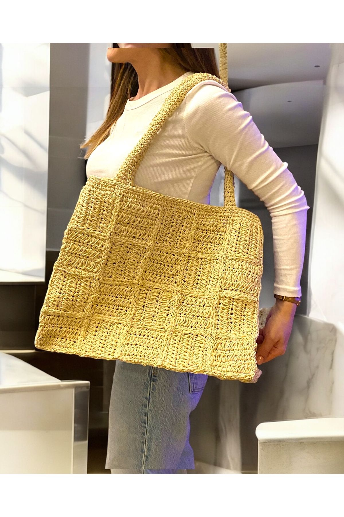 Valore Patchwork Tasarım El Yapımı Örgü Hasır Plaj ve Çok Amaçlı Kadın Çanta