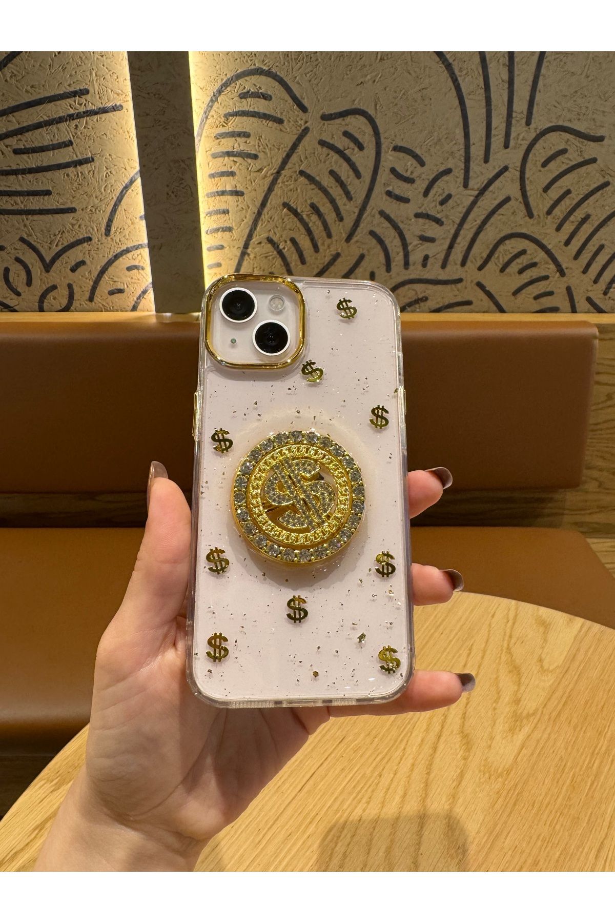 Mois Case İPhone 13-14 dolar figürlü taşlı simli şeffaf kılıf
