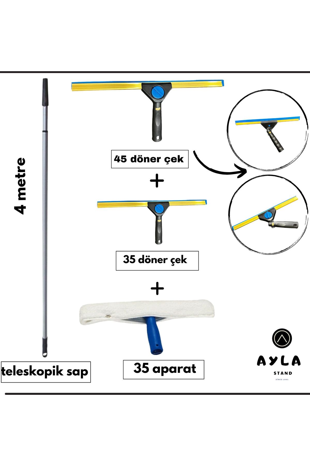 AYLA STAND 4 Metre Teleskopik Cam Silme Seti – Döner Başlıklı 45+35 cm Cam Çek + 35 cm Mop Ucu
