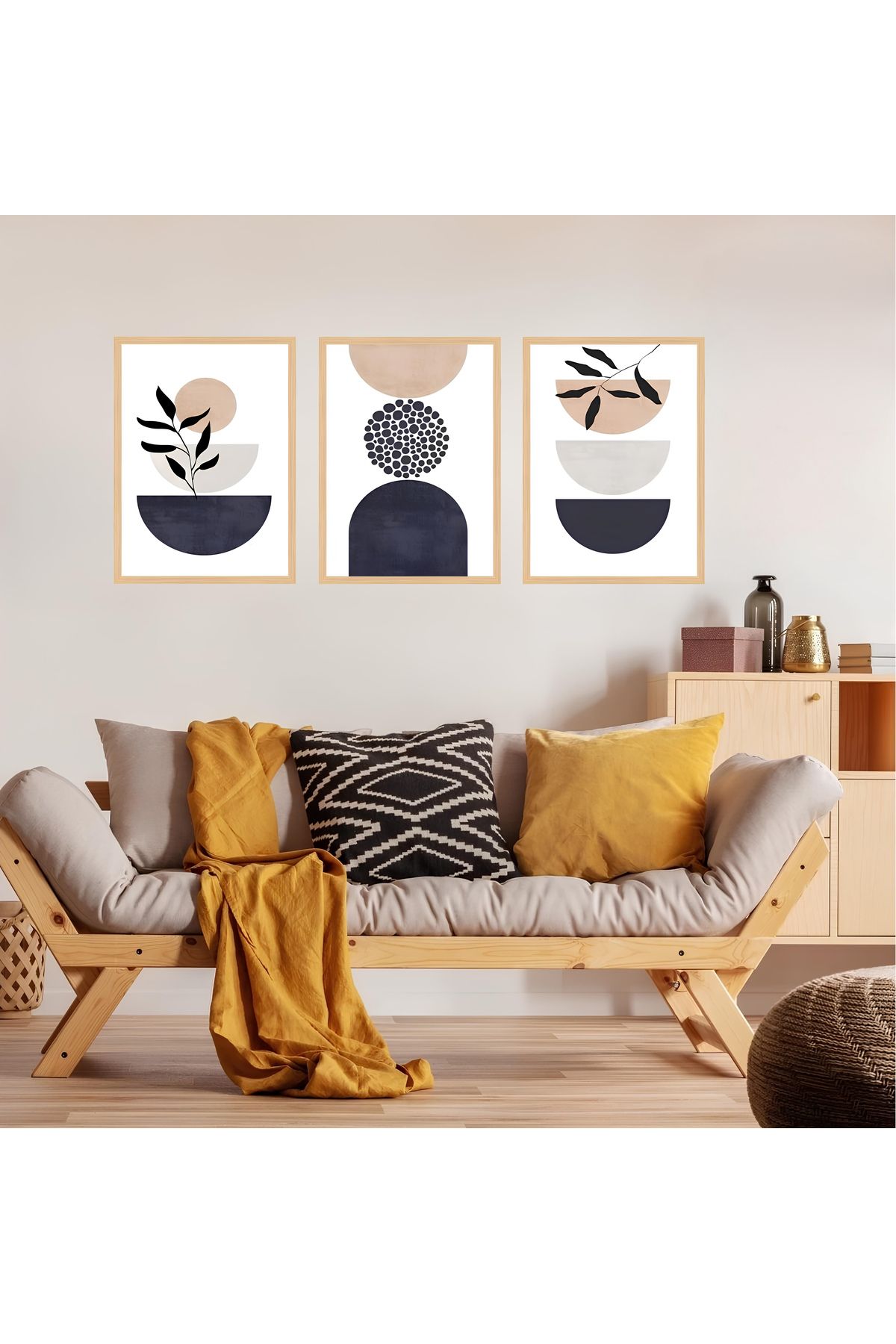 Tuba Decor 3 Parça Ahşap Çerçeve Görünümlü bohem MDF Tablo Seti