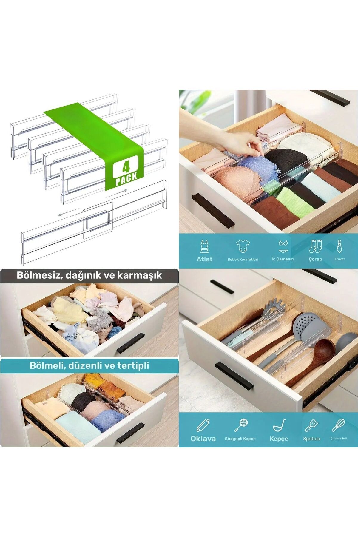 ŞURAMUTFAK Akrilik Ayarlanabilir Çekmece Bölücü Düzenleyici Organizer 4 Adet