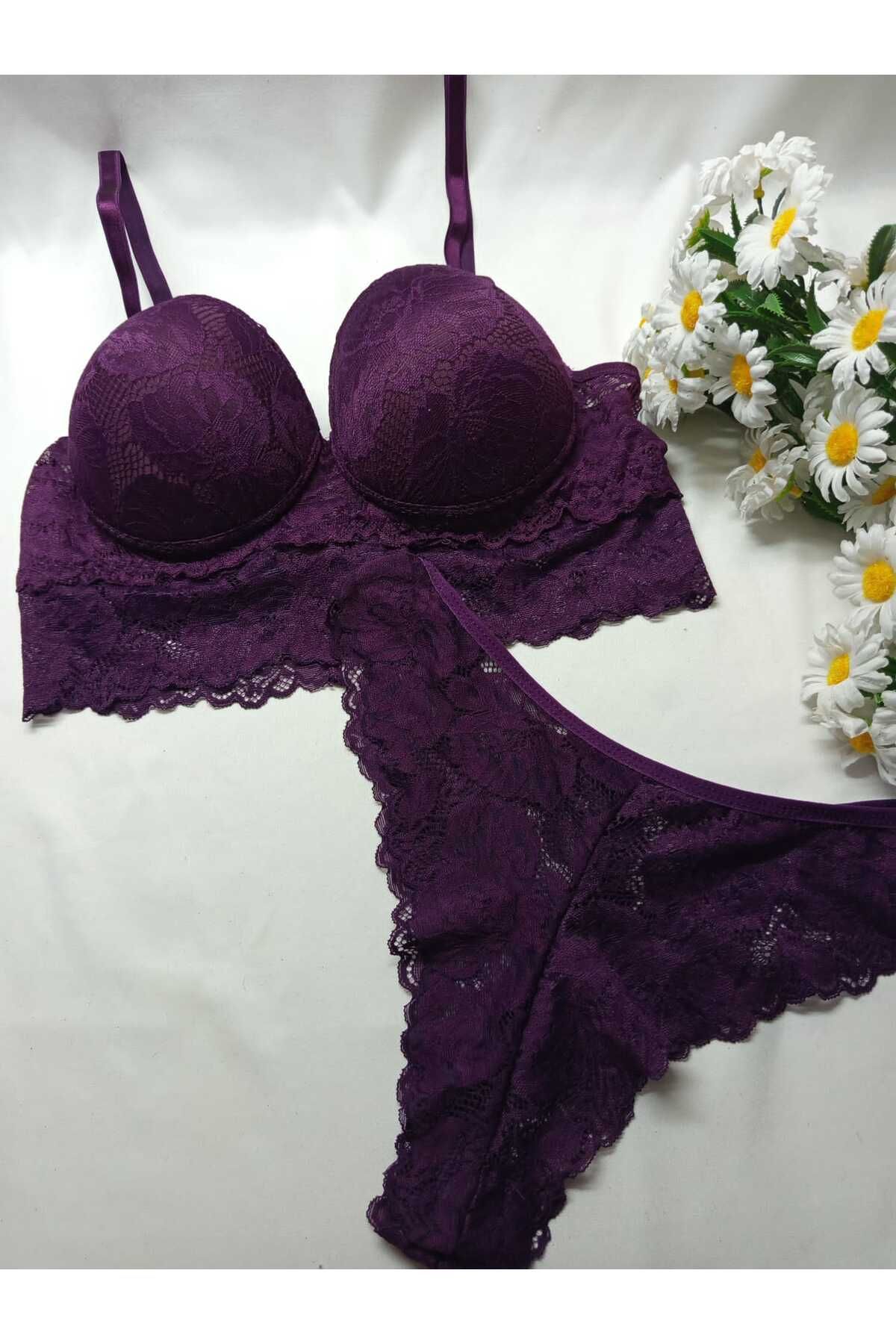 Lazer Dantelli Sütyen Takım Patlıcan Moru Dantelli Kurdela Detay Sütyen Takım