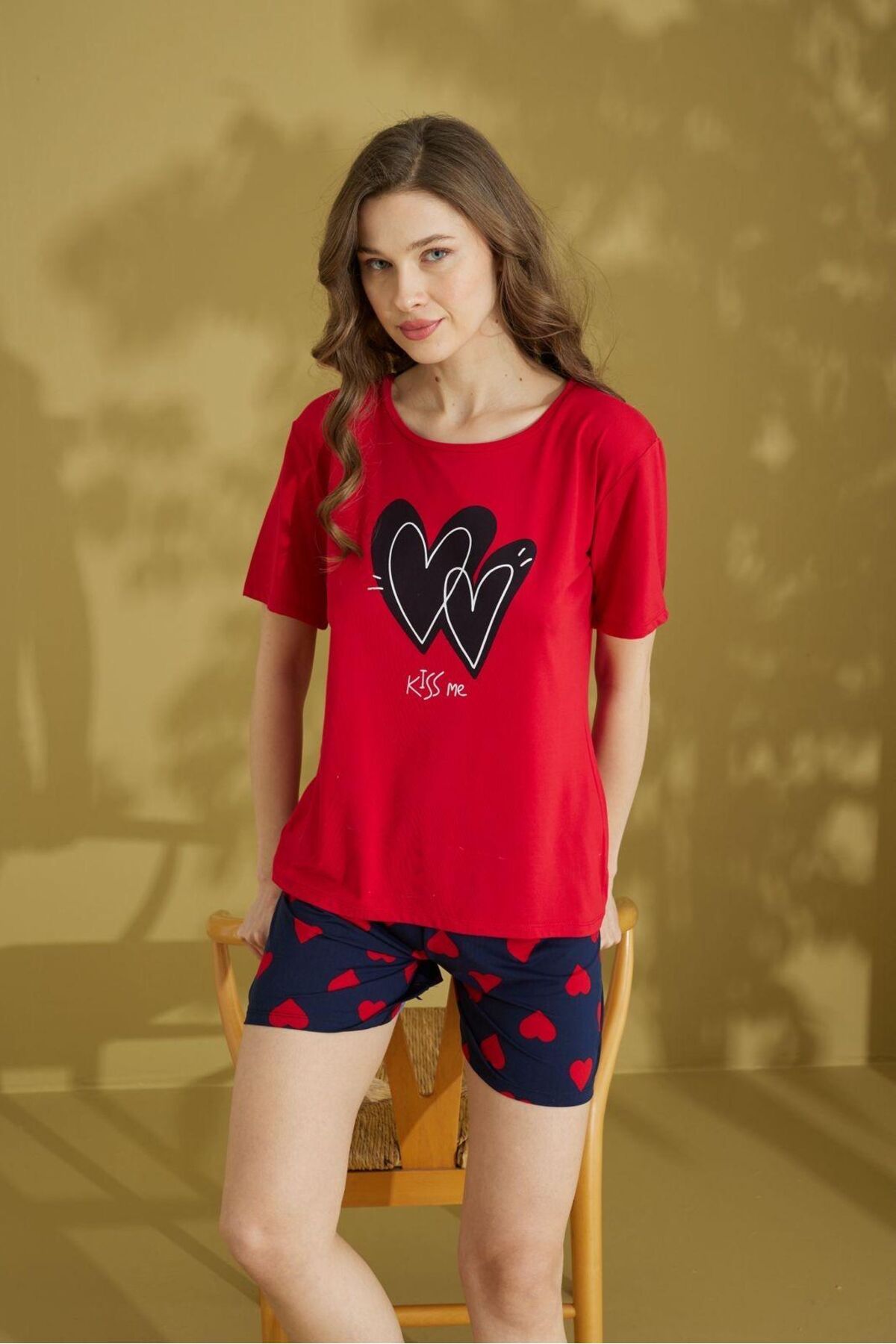 seamlife Kadın %100 Pamuklu Kırmızı Siyah Kalp Desenli Kısa Kollu Şortlu Pijama Takımı