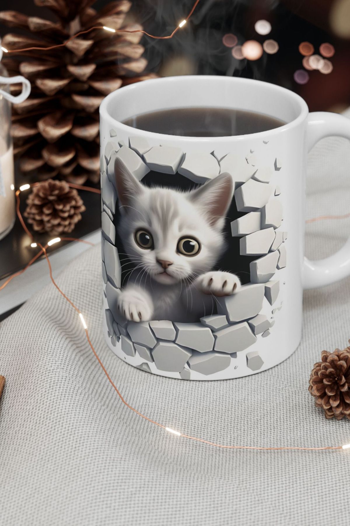 GİZ HANIM KEDİLİ 3 BOYUTLU SEVİMLİ ÖZEL TASARIM PORSELEN KUPA BARDAK KAHVE BARDAĞI