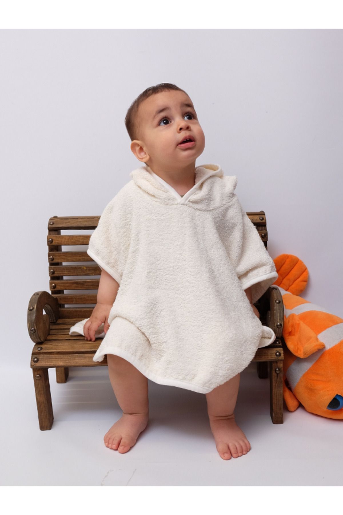 Damla Organik %100 Pamuk Kapşonlu Plaj Çocuk Bebek Panço Bornoz Banyo Havlu Kapüşonlu