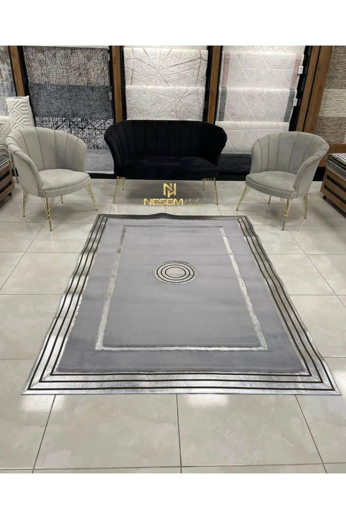 Neşem Halı Boutique özel tasarım gri peluş varaklı deri halı.