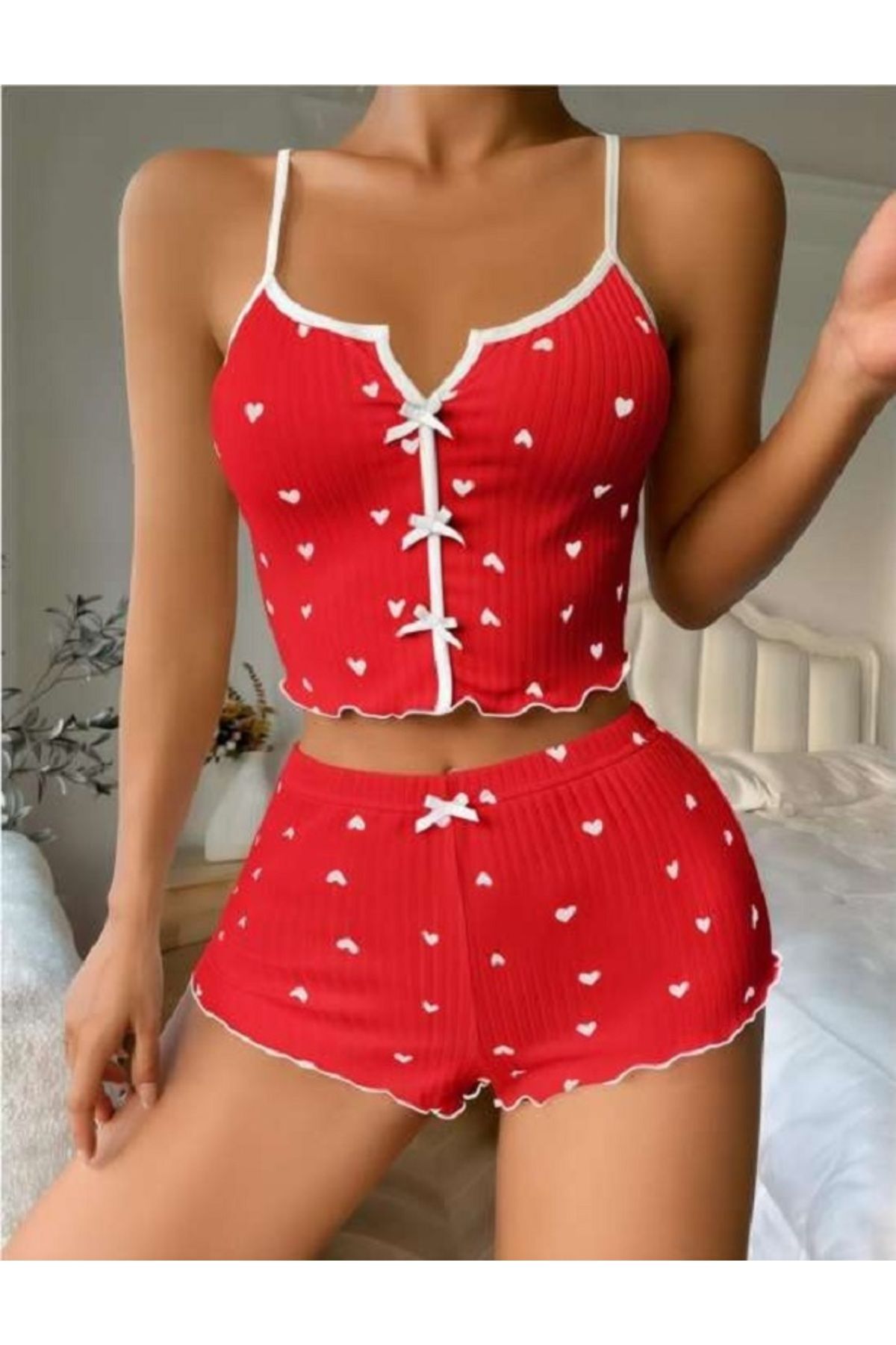 Bleu Petite Desenli Örme Kadın Şortlu Pijama Takım