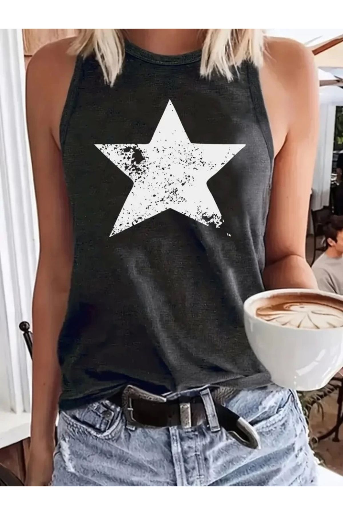 Butik Kadın Askılı Yuvarlak Yaka Yıldız Desenli Süprem Bluz