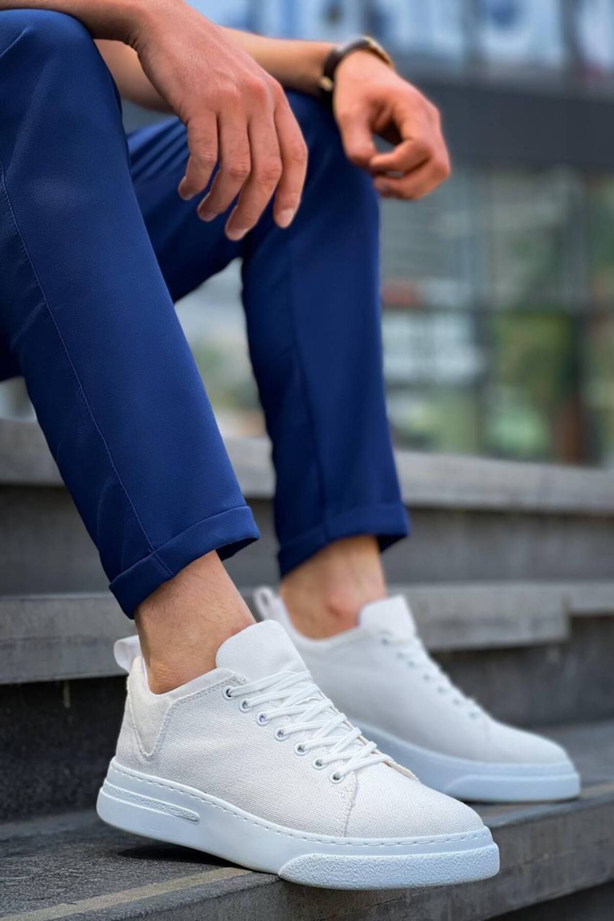 pabucmarketi Bağcıklı Keten Erkek Hı Sneaker BEYAZ (BEYAZ TABAN)