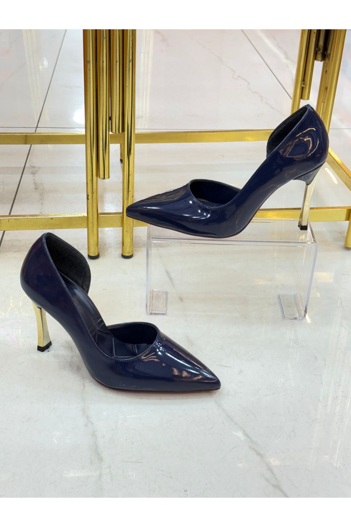 Pazzyonez Lenox Kadın Lacivert Rugan Topuklu Ayakkabı Konforlu  Stiletto