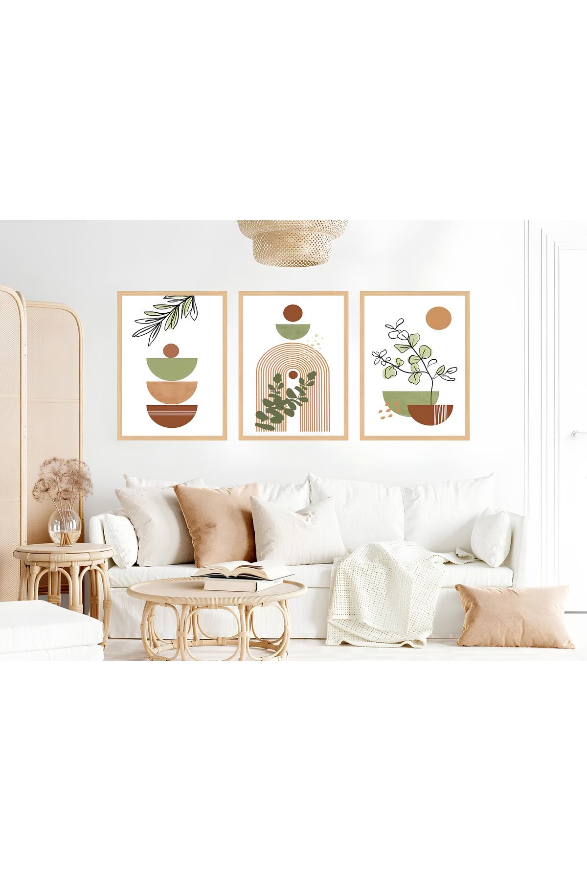 Tuba Decor 3 Parça Ahşap Çerçeve Görünümlü bohem MDF Tablo Seti