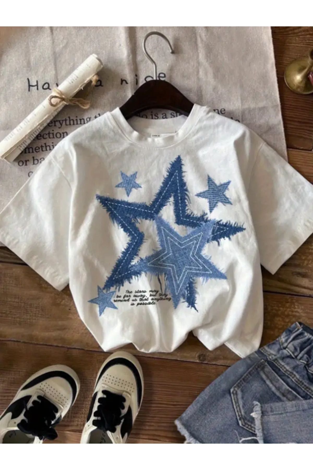 FULL TOLERANCE Mavi çift Stars baskılı Tshirt