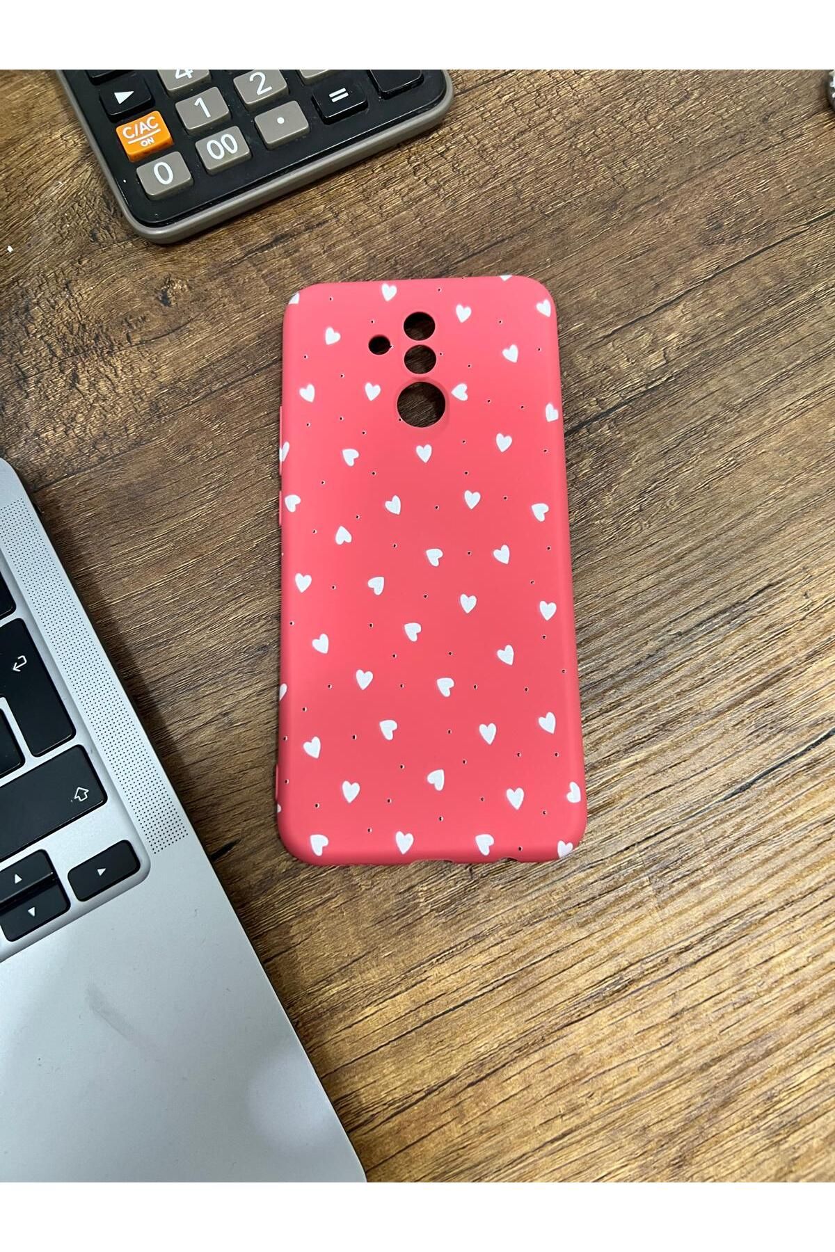 HZR Huawei Mate 20 Lite Beyaz Kalp Desenli Kırmızı Silikon Kılıf
