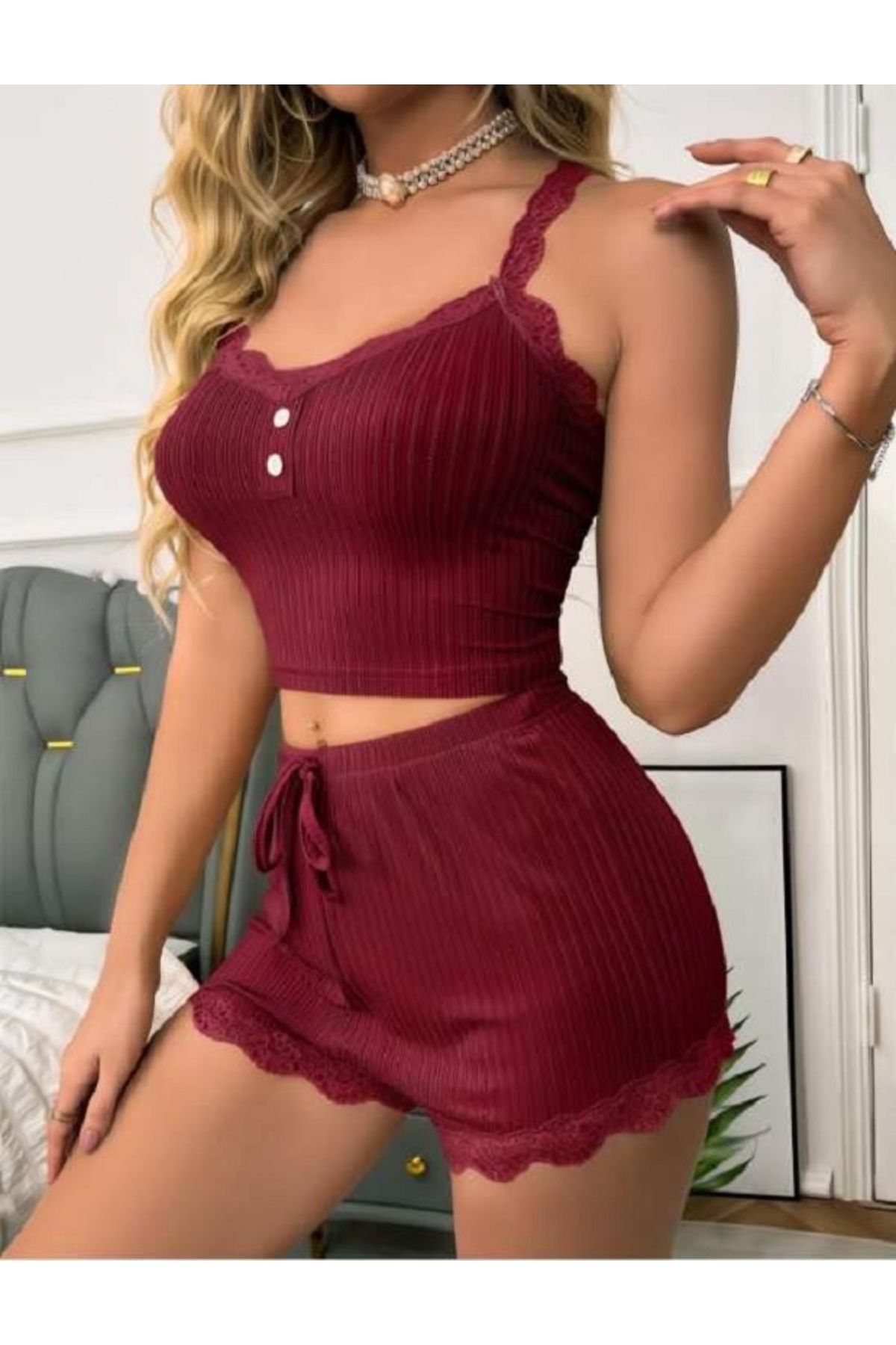 Bleu Petite Desenli Örme Kadın Şortlu Pijama Takım
