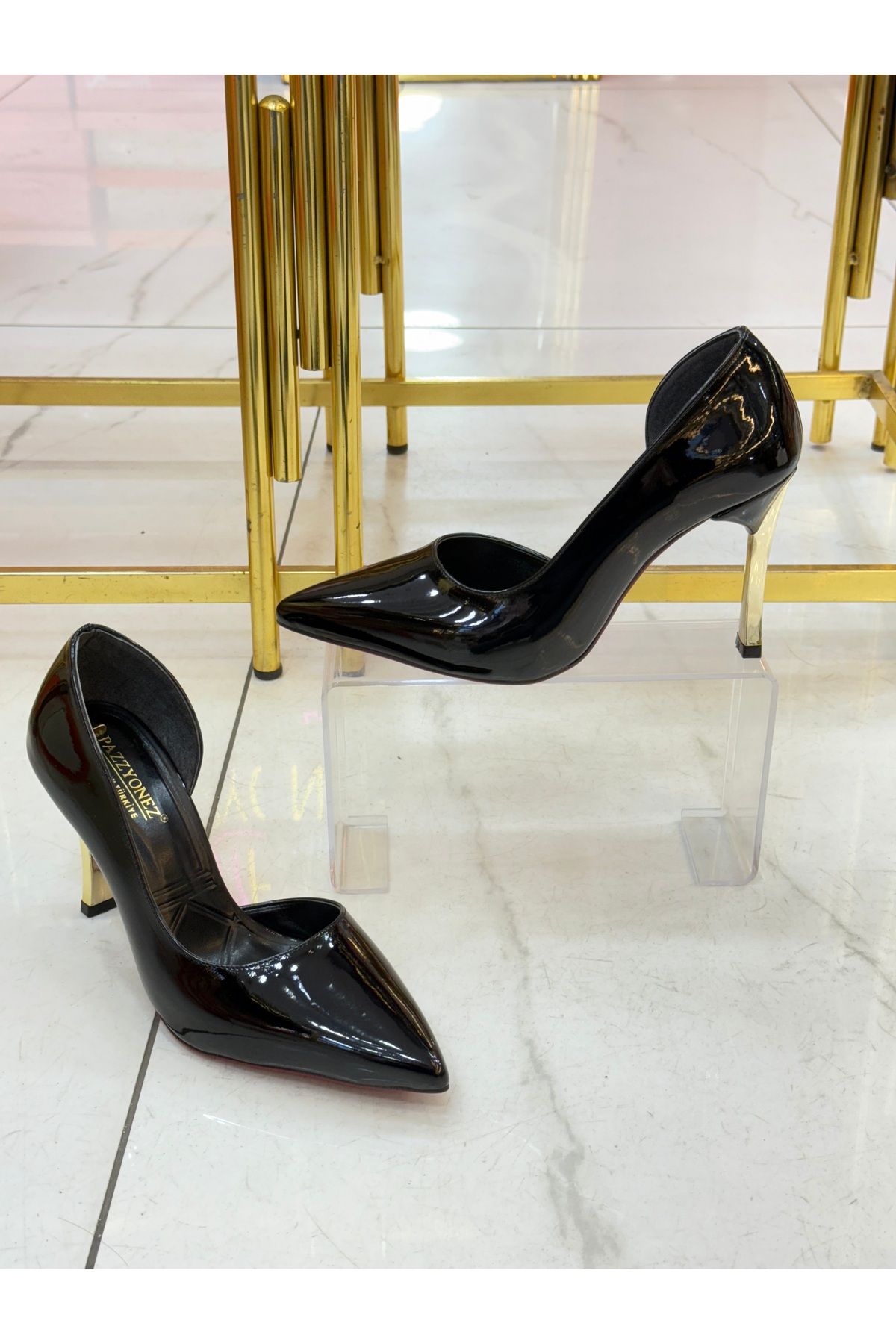 Pazzyonez Lenox Kadın Siyah Rugan Topuklu Ayakkabı Konforlu Günlük Ve Özel Günler İçin Düğün Ve Nişan Stiletto