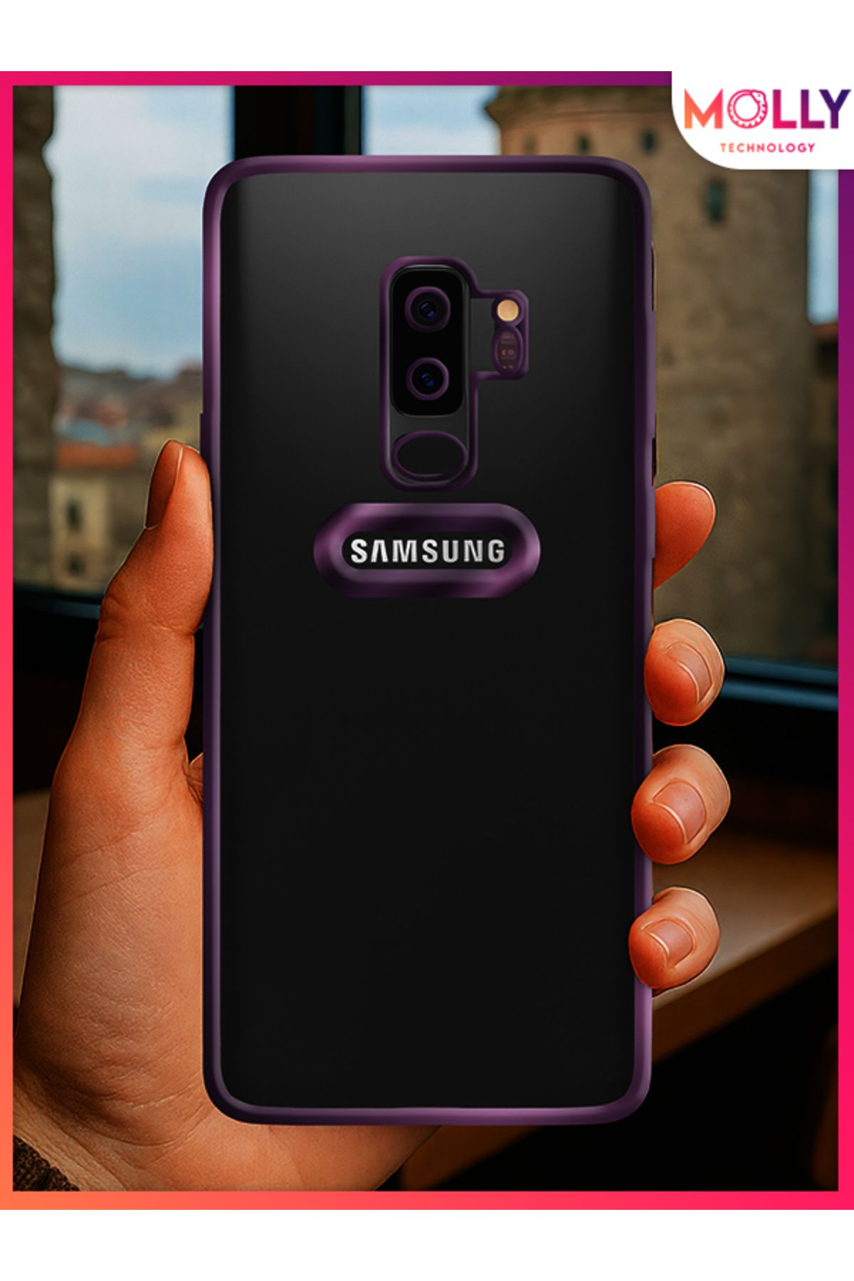 Molly Samsung Galaxy S9 PLUS İçin Kenarları Derin Mor Lens Koruyuculu Lou Lazer Şeffaf Silikon Kılıf