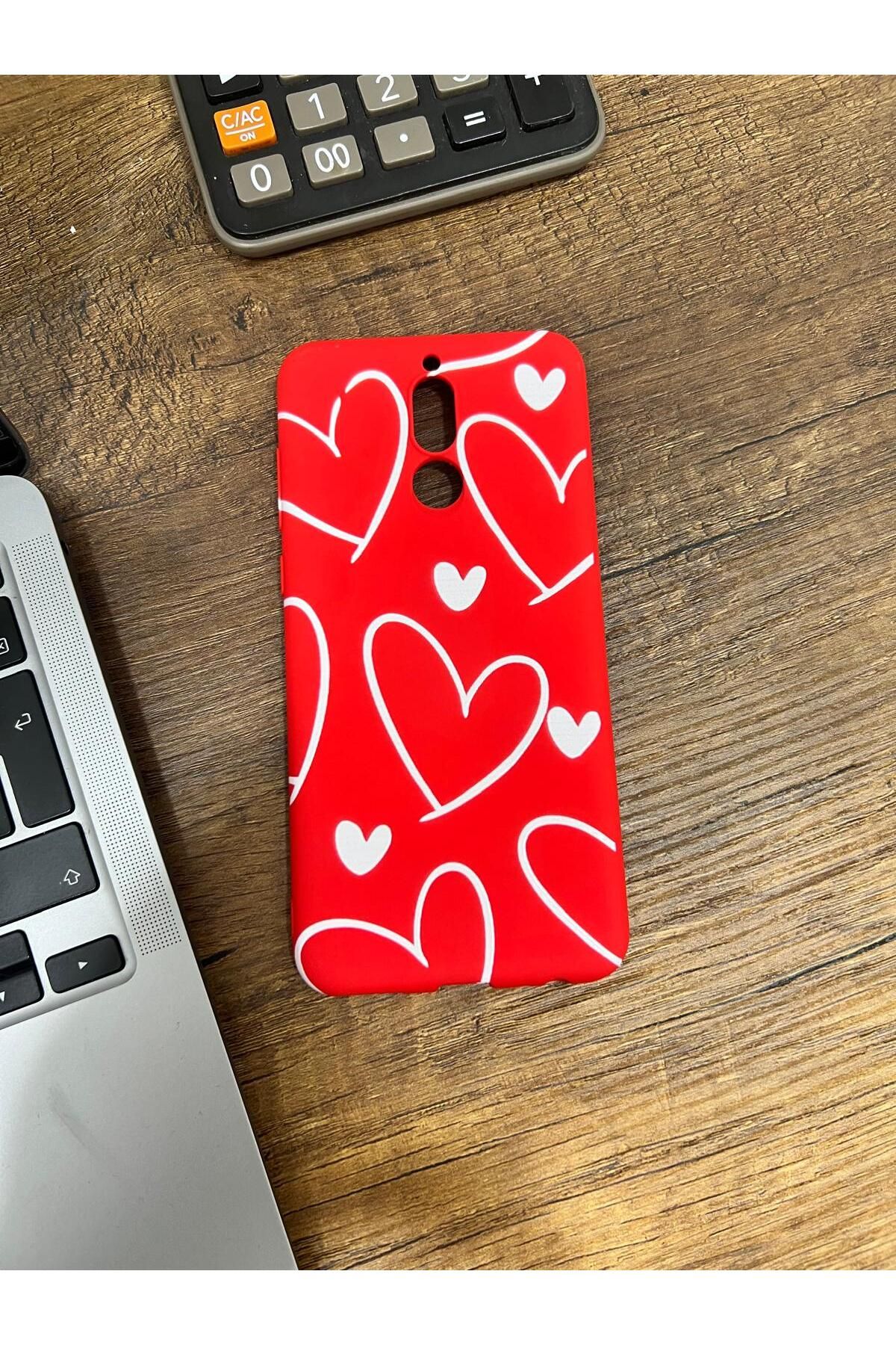 HZR Huawei Mate 10 Lite Beyaz Kalp Desenli Kırmızı Silikon Kılıf