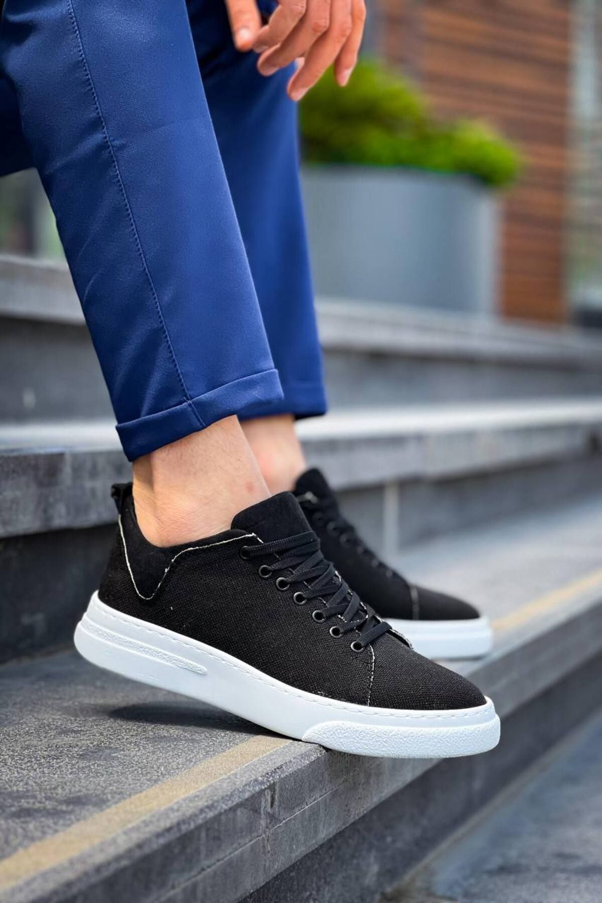 pabucmarketi Bağcıklı Keten Erkek Hı Sneaker SİYAH (BEYAZ TABAN)