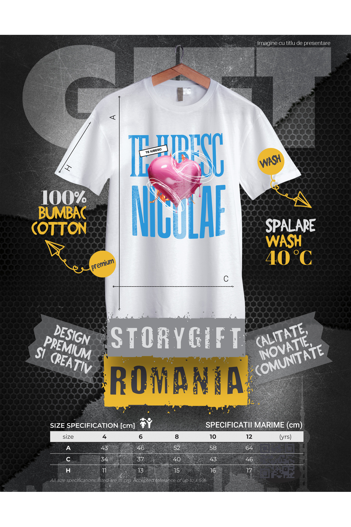 StoryGift Romania-Kids Boys T-Shirt I Love You Nicolae, Love, Heart, Love, Saint Valentine, Dragobet 3