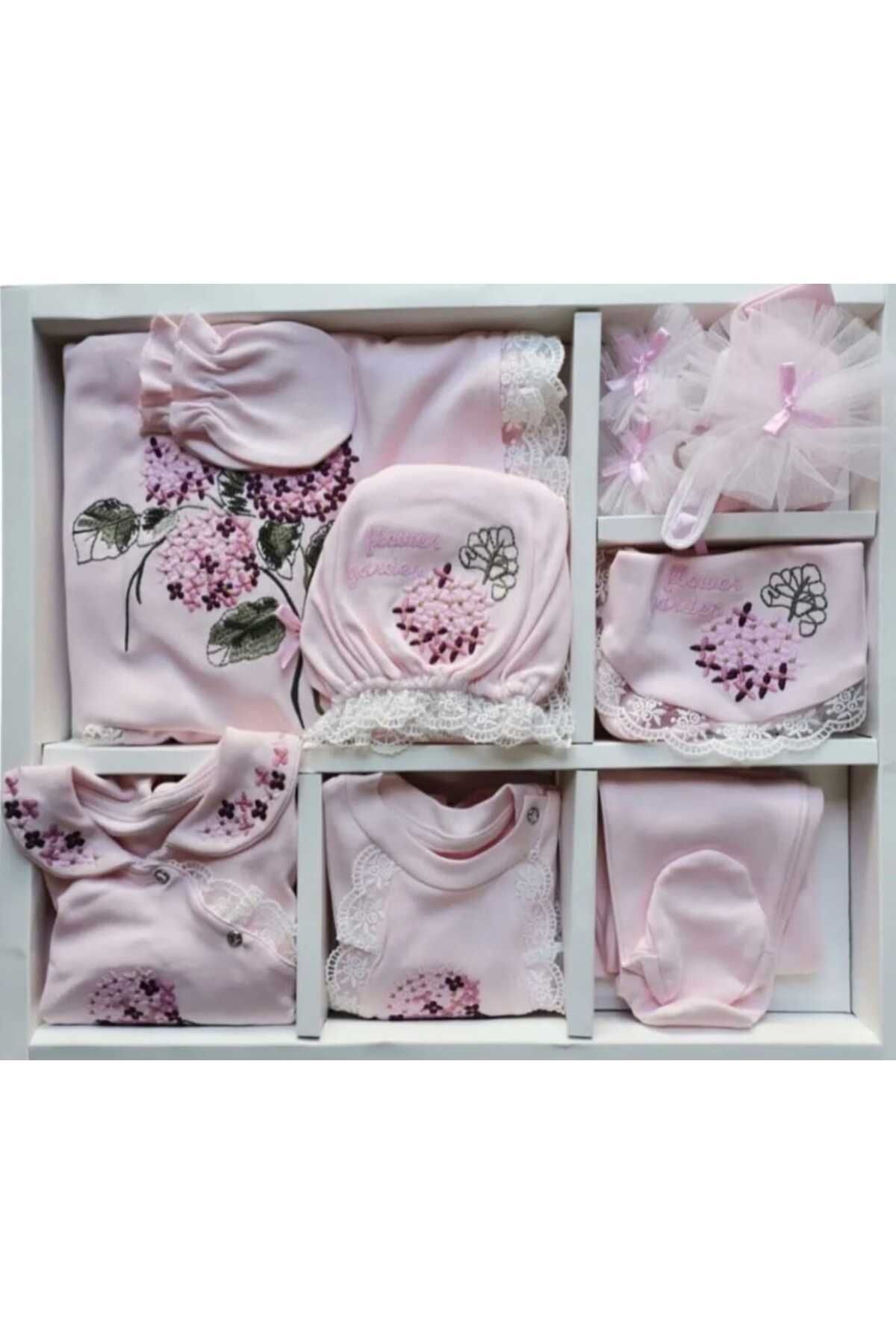 Butik Pembe Natural İşlemeli Çiçek Desenli Hastane Çıkışı Seti (10'lu)