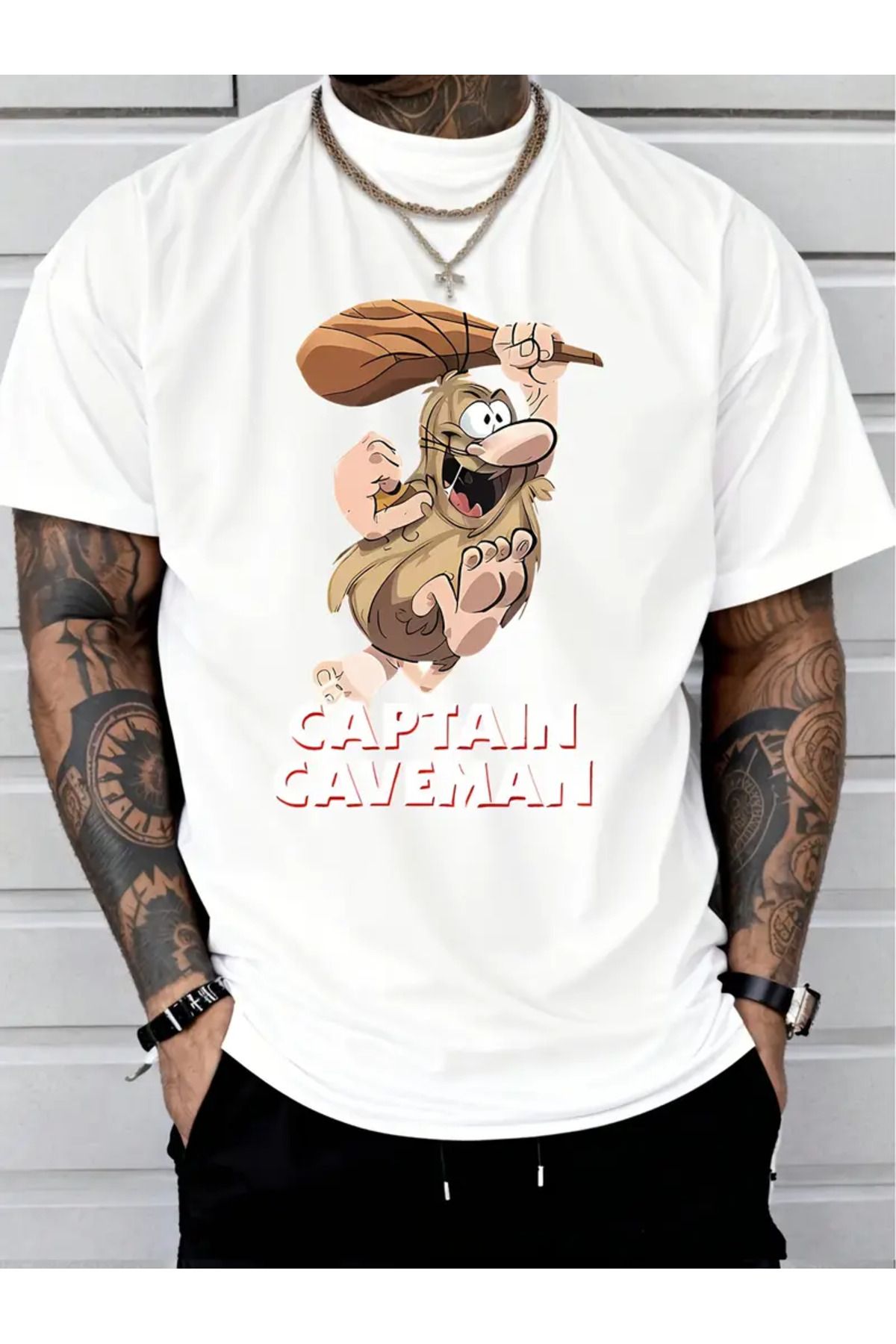 AEMİ Unisex Captain Caveman Baskılı Oversize Bisiklet Yaka T-shirt