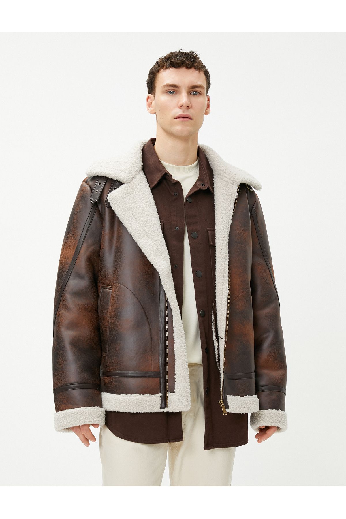 Koton-Leather Look Jacket with Abstract Detail and Plush Inside Zipper Pocket 3