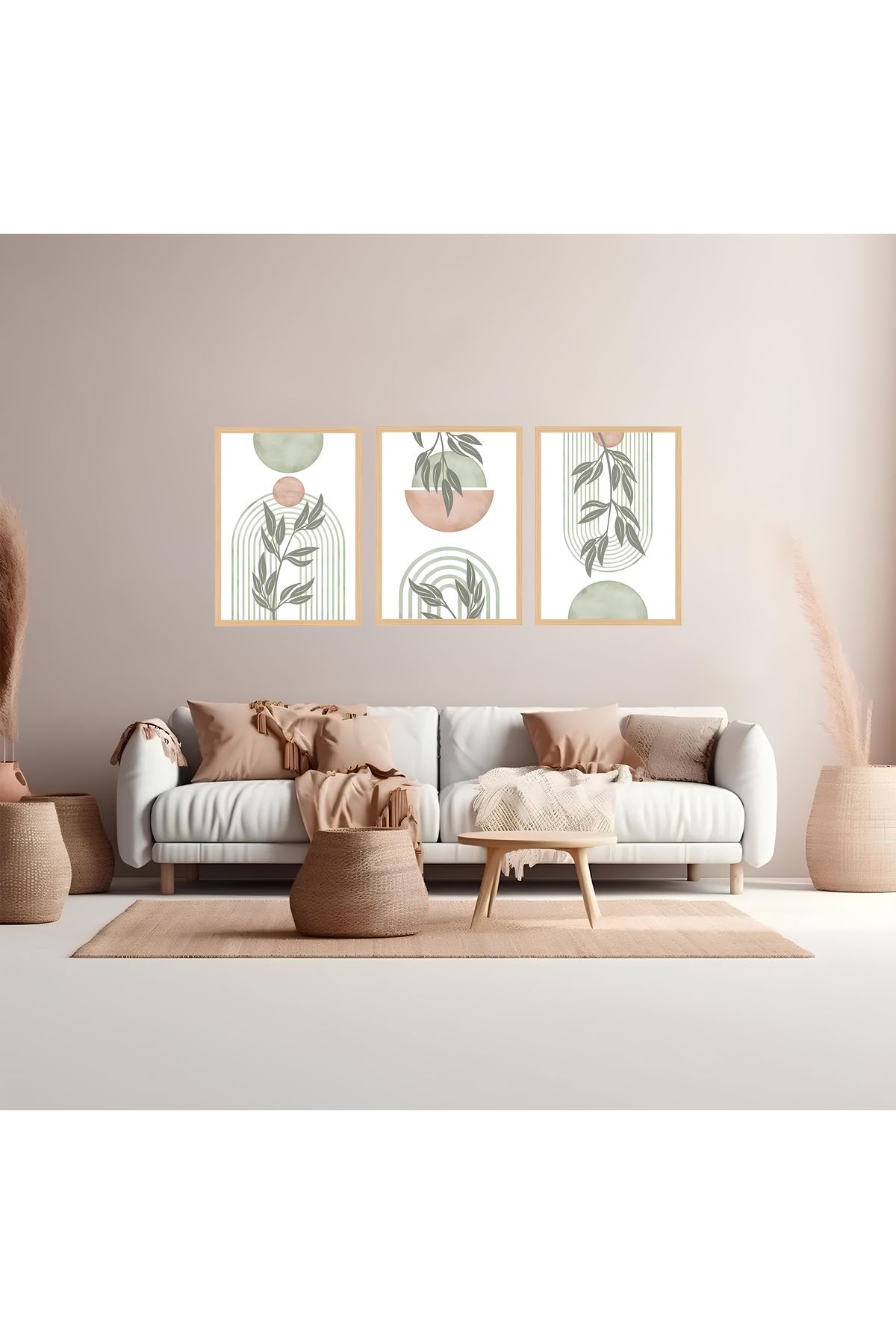 Tuba Decor 3 Parça Ahşap Çerçeve Görünümlü bohem MDF Tablo Seti