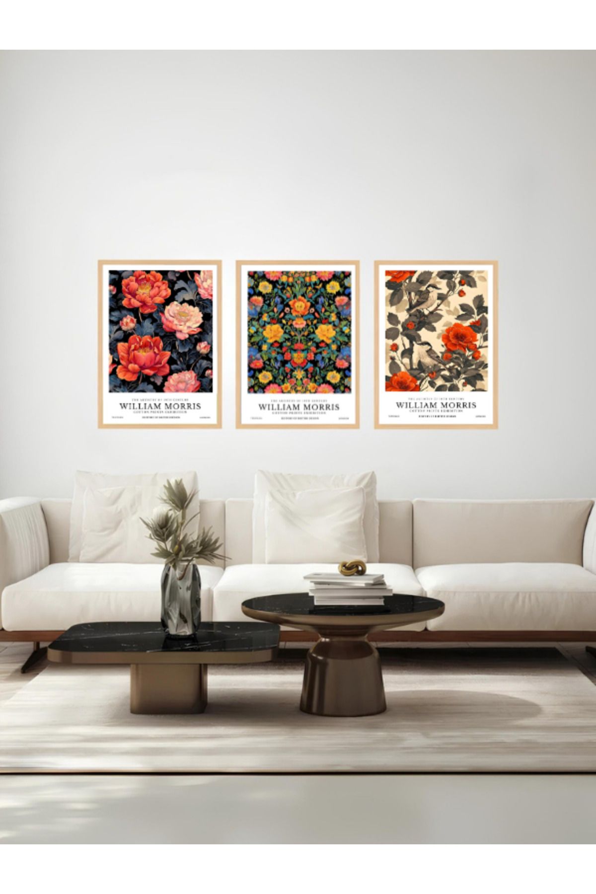 Tuba Decor 3 Parça Ahşap Çerçeve Görünümlü william morris MDF Tablo Seti