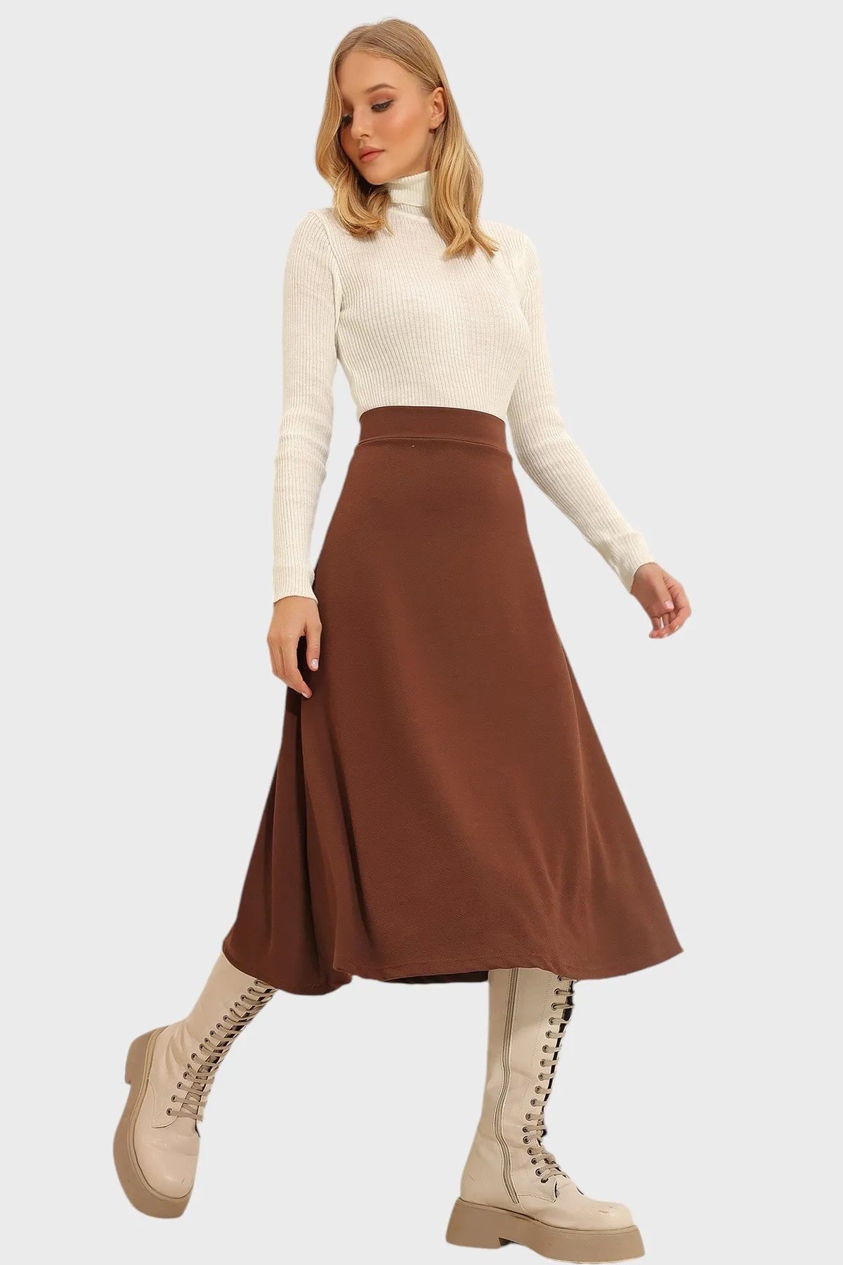 Namaste Vintage Kahverengi yüksek bel A form midi etek
