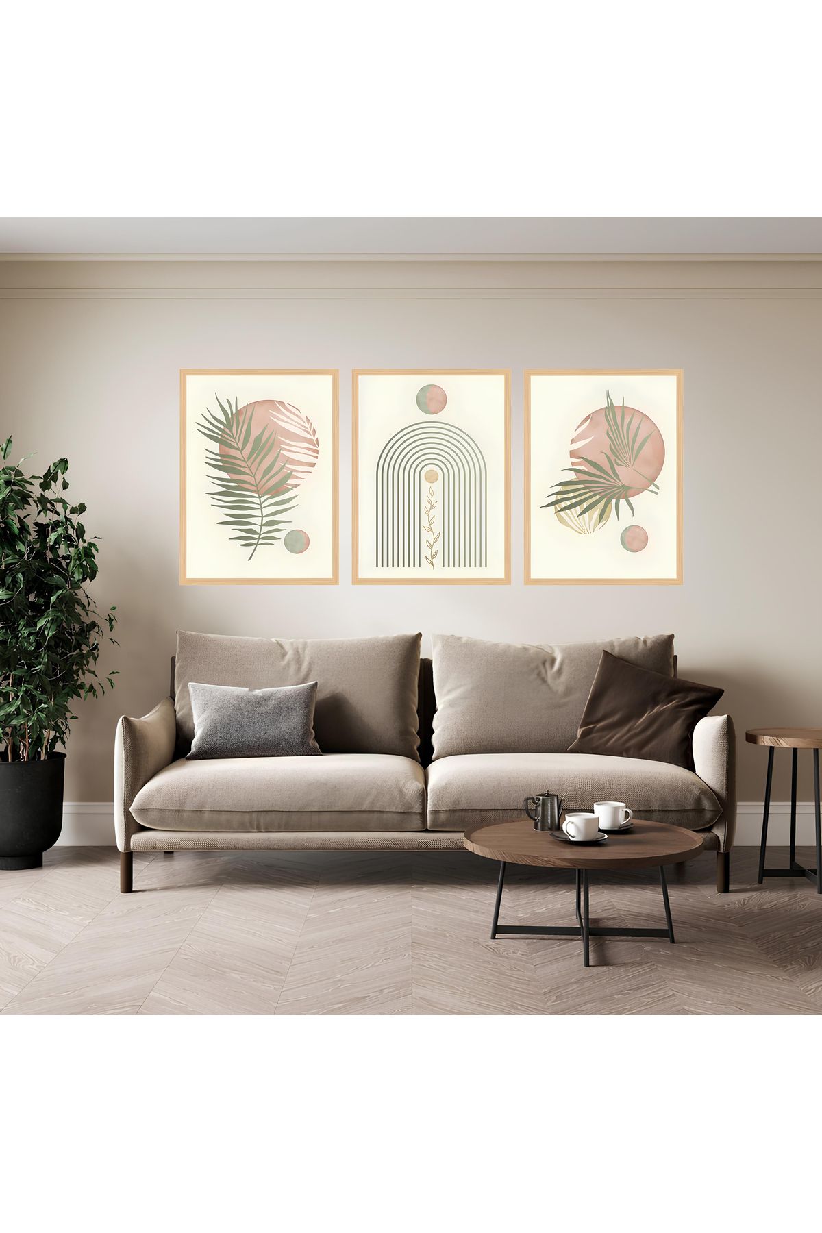 Tuba Decor 3 Parça Ahşap Çerçeve Görünümlü bohem MDF Tablo Seti