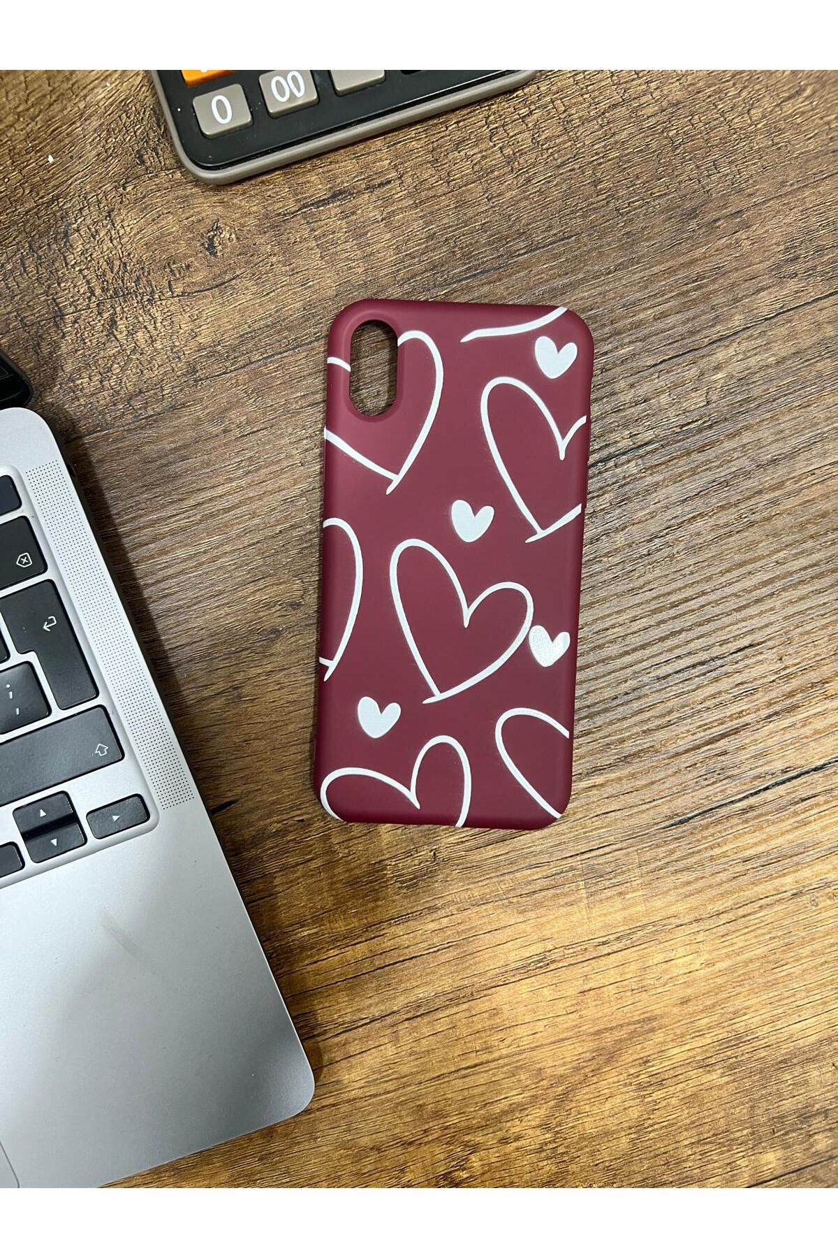 HZR Iphone XS Kalp Desenli Bordo Silikon Kılıf