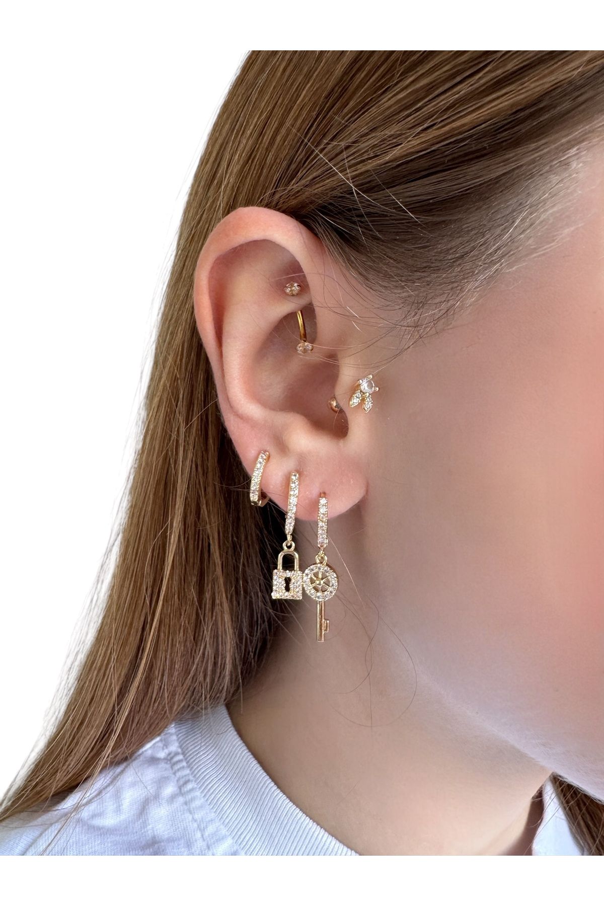 Gilia Jewelry Zirkon Taşlı 3'lü Altın Kaplama Küpe