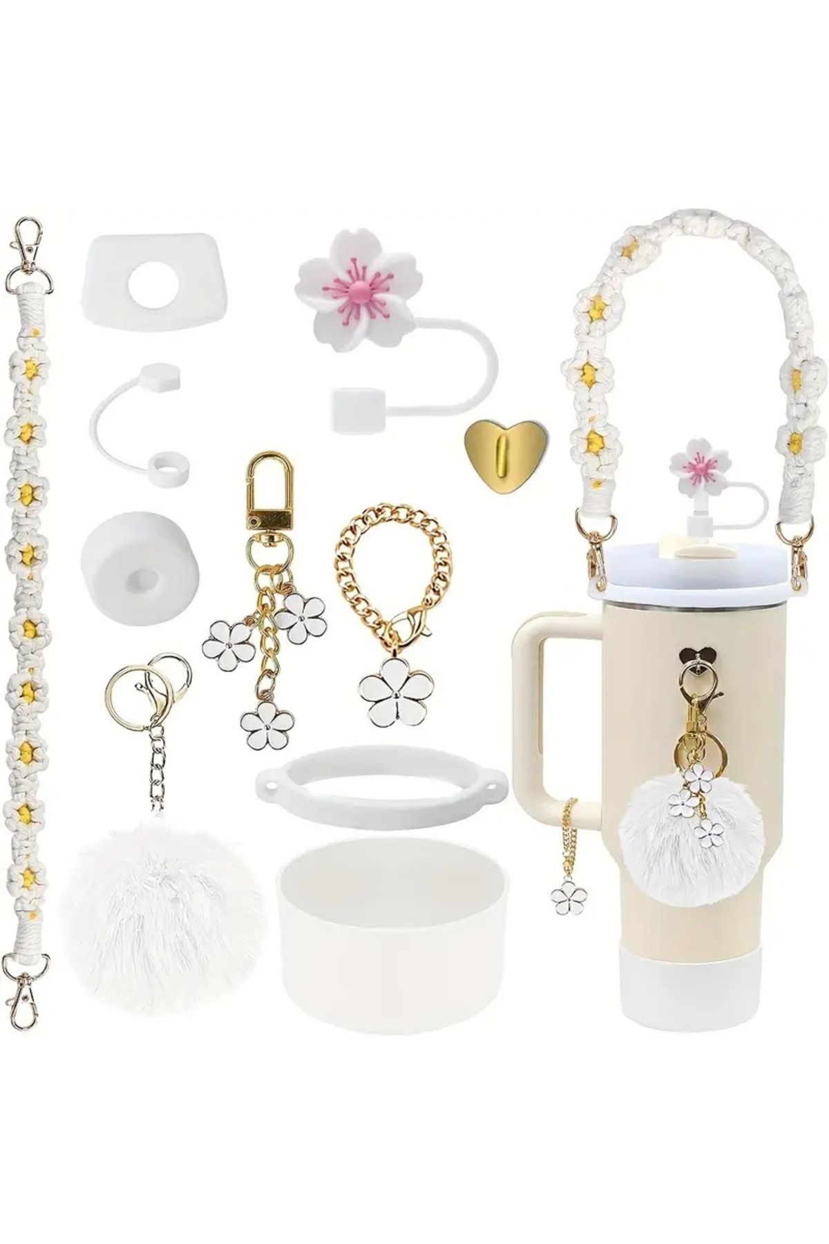 Marcellini Design 11 Parça Pembe-Termos Charmı - 30oz/40oz Termos Uyumlu Aksesuar Seti -Beyaz