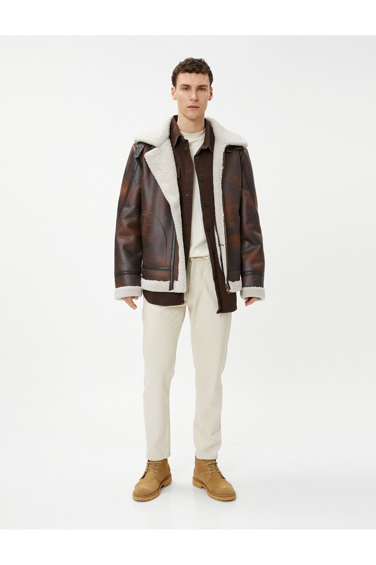 Koton-Leather Look Jacket with Abstract Detail and Plush Inside Zipper Pocket 2