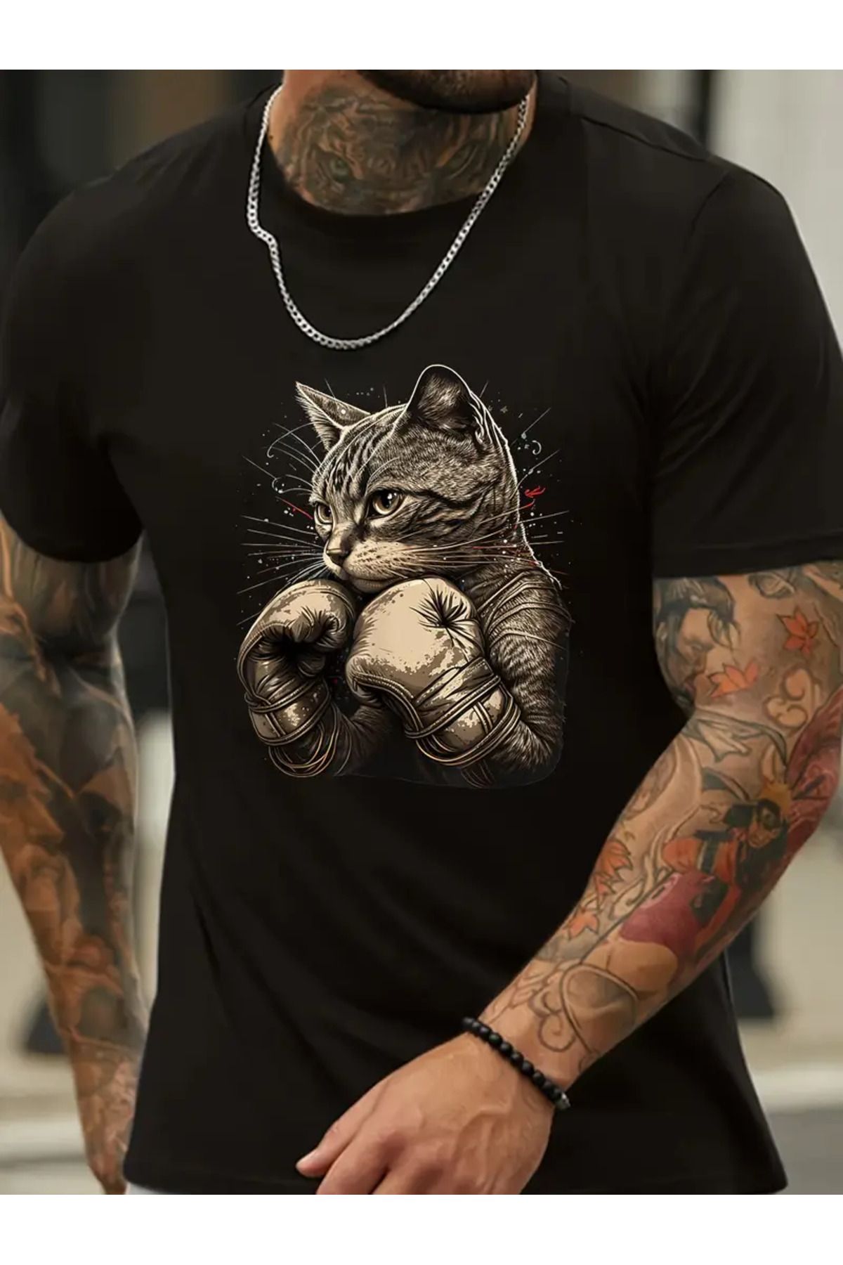 AEMİ Unisex Boksör Kedi Baskılı Oversize Bisiklet Yaka T-shirt
