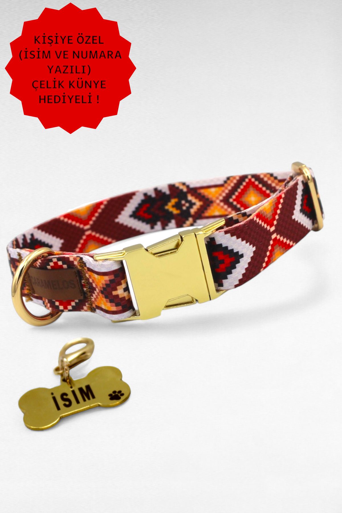 CARAMELOS İSİMLİ KÖPEK TASMASI, KÖPEK KÜNYESİ, KÖPEK İSİMLİK, BÜYÜK IRK TASMA, METAL KİLİTLİ TASMA,KÖPEK TASMA