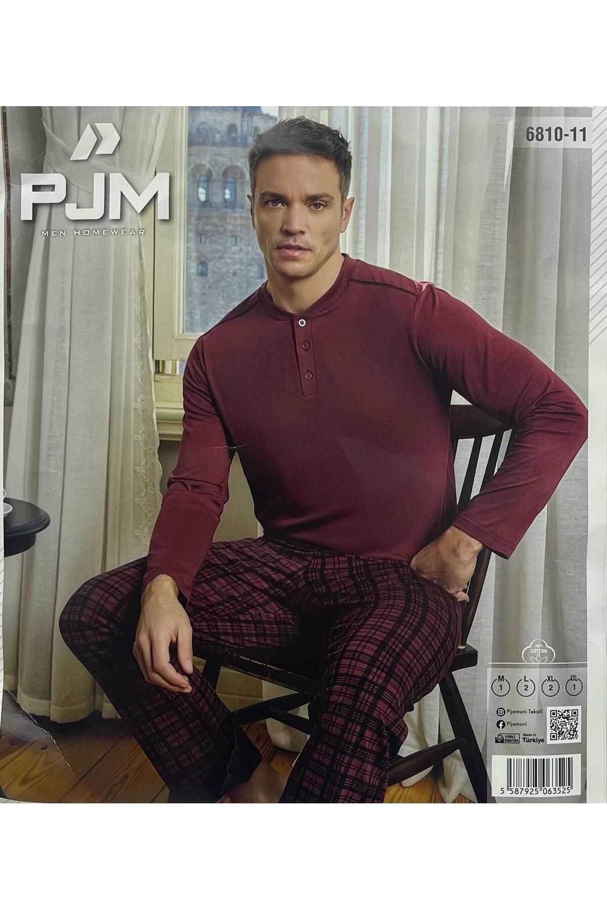 Pijaman UZUN KOLLU BORDO ERKEK PAMUKLU PİJAMA TAKIMI