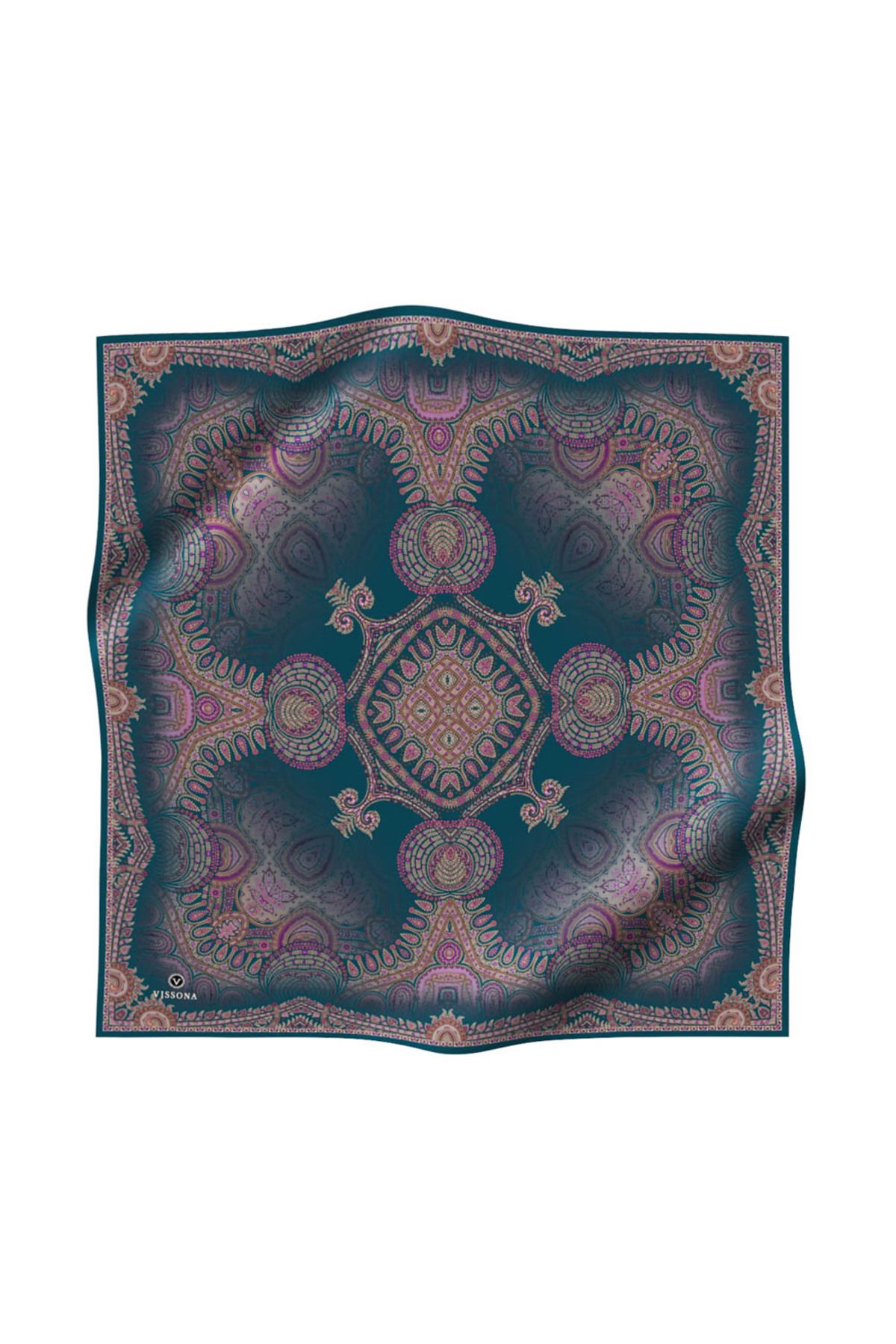 Vissona %100 Twill İpek Şal Desenli Petrol Yeşili Renkli 90x90 Eşarp Dikim Şekli : El Dikişi