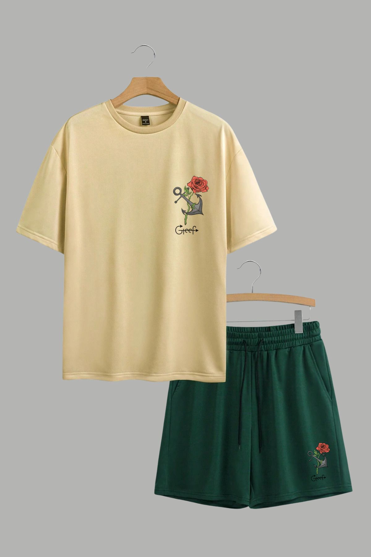 MELADYAN Gül Çapa Baskılı Bej T-shirt Yeşil Şort Alt Üst Takım