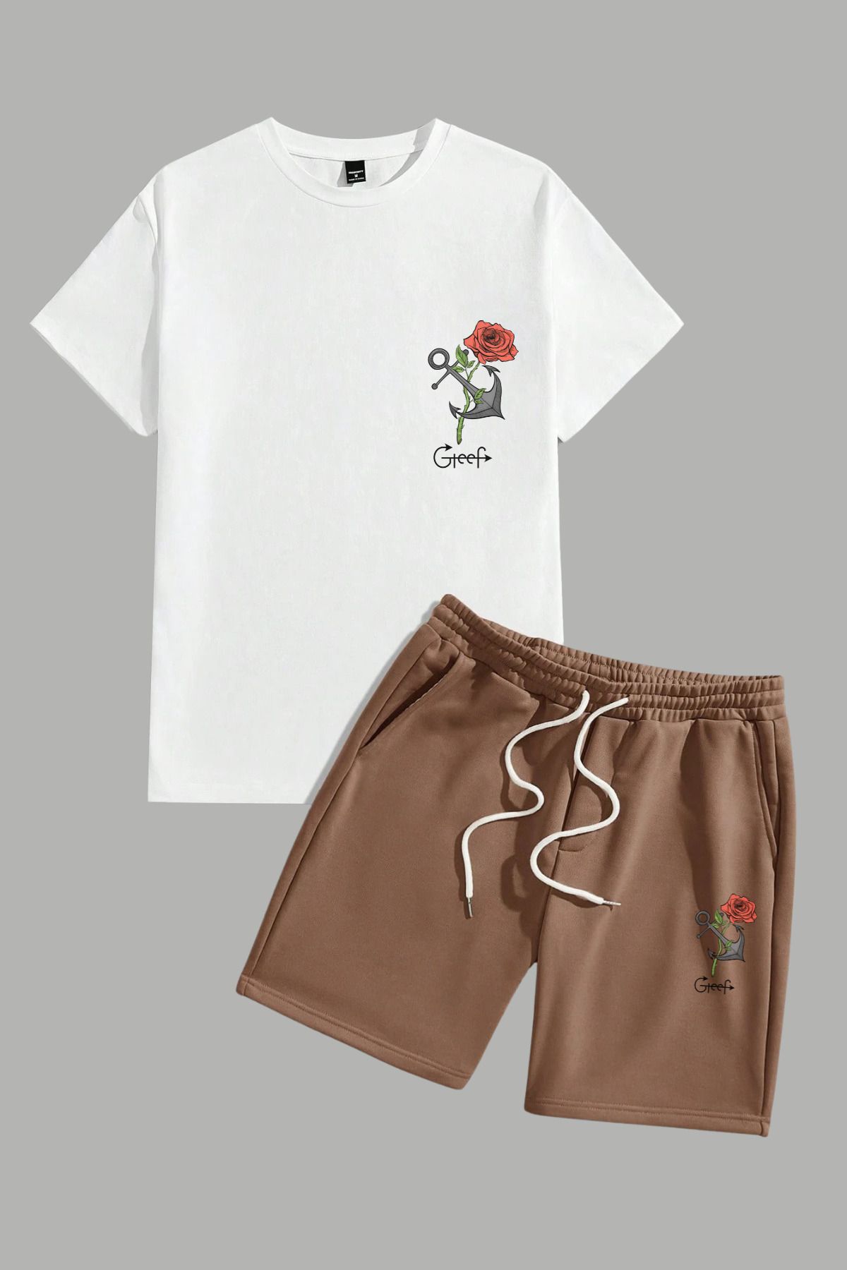 MELADYAN Gül Çapa Baskılı Beyaz T-shirt Kahverengi Şort Alt Üst Takım