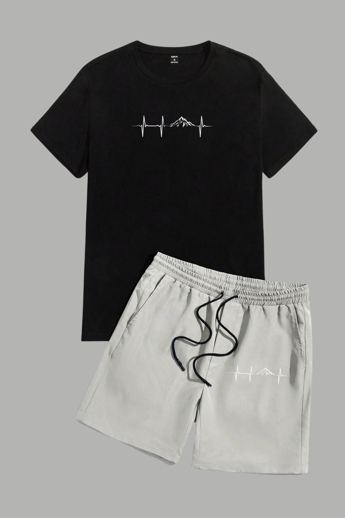 MELADYAN Ritim Dağ Baskılı Siyah T-shirt Gri Şort Alt Üst Takım