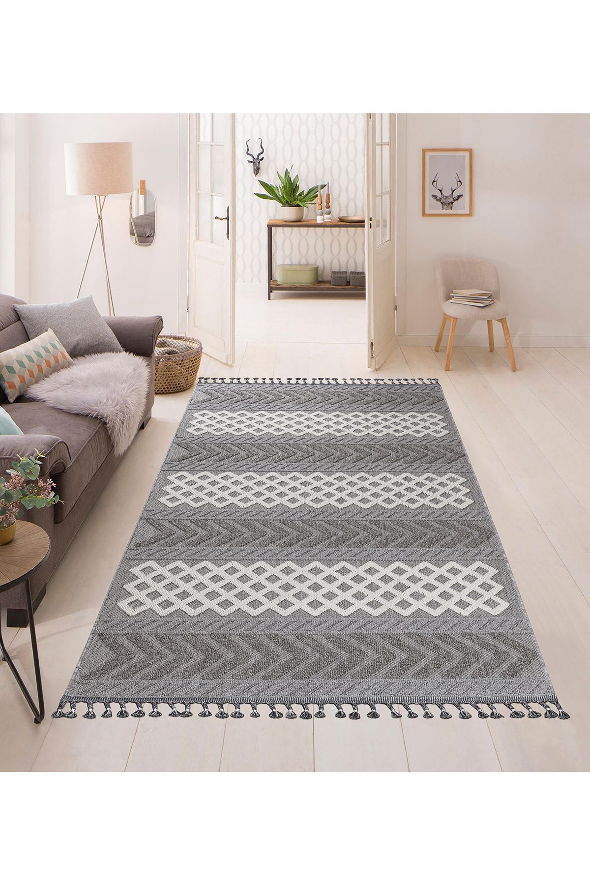 ERSU AHAT HOME DESİGN EA Gri-Beyaz Desenli Kaymaz Taban Salon, Oturma Odası, Mutfak Halısı