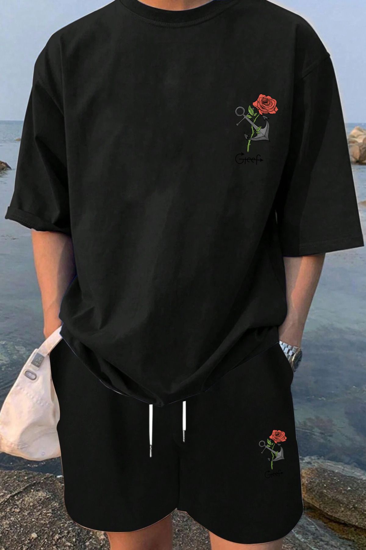 MELADYAN Gül Çapa Baskılı Siyah T-shirt Siyah Şort Alt Üst Takım
