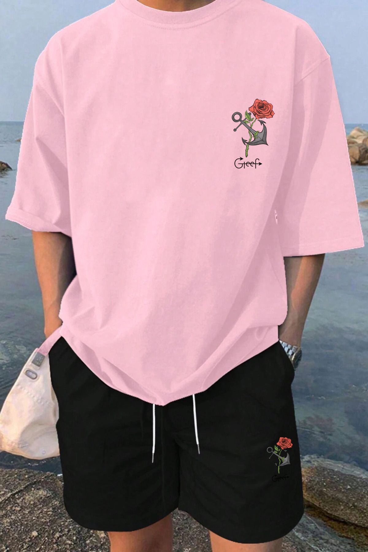 MELADYAN Gül Çapa Baskılı Pembe T-shirt Siyah Şort Alt Üst Takım