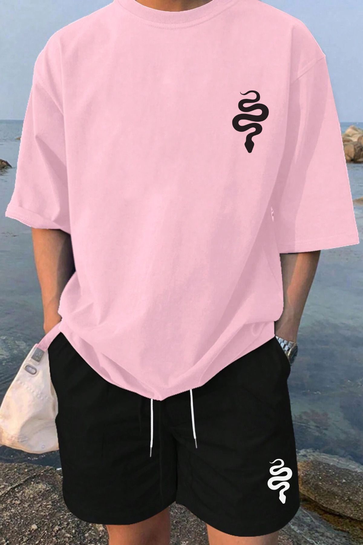 MELADYAN Yılan Baskılı Pembe T-shirt Siyah Şort Alt Üst Takım