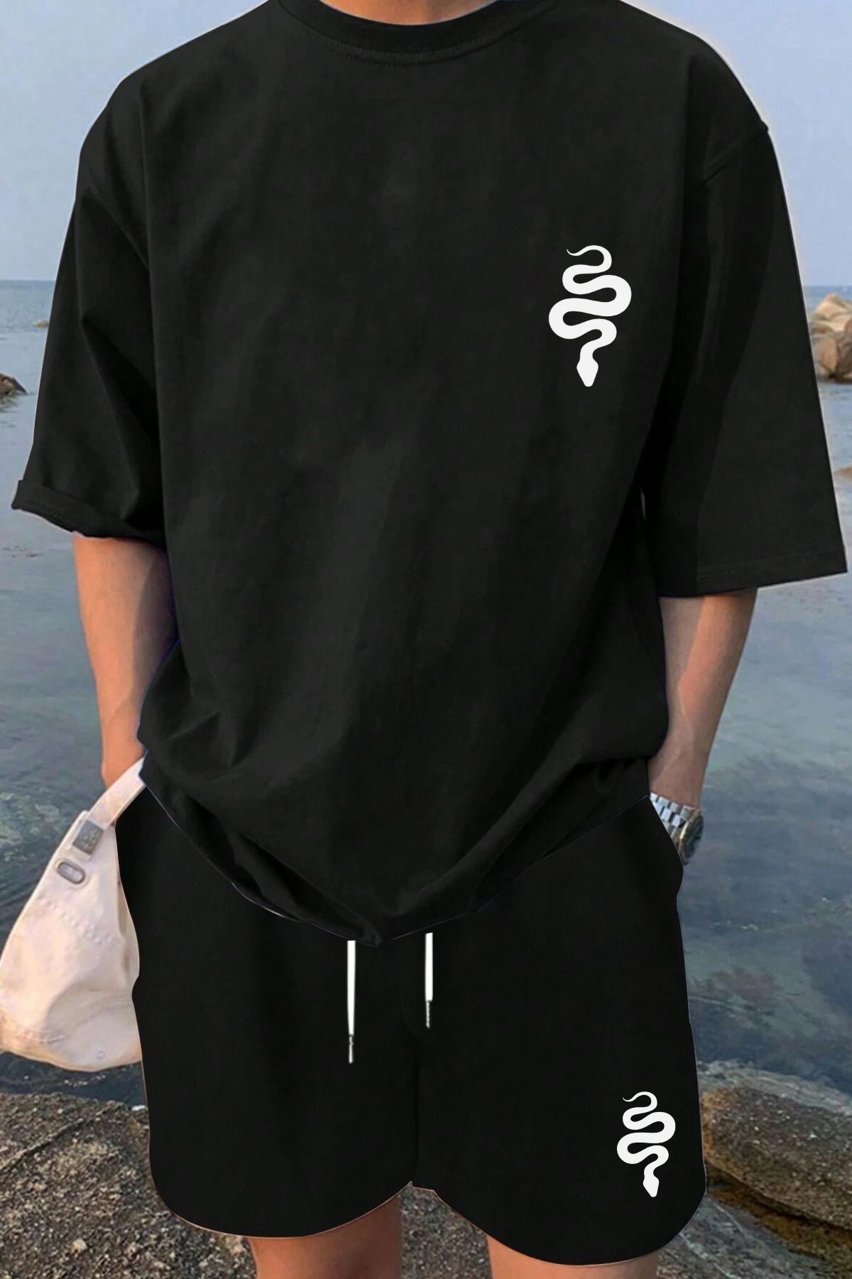MELADYAN Yılan Baskılı Siyah T-shirt Siyah Şort Alt Üst Takım