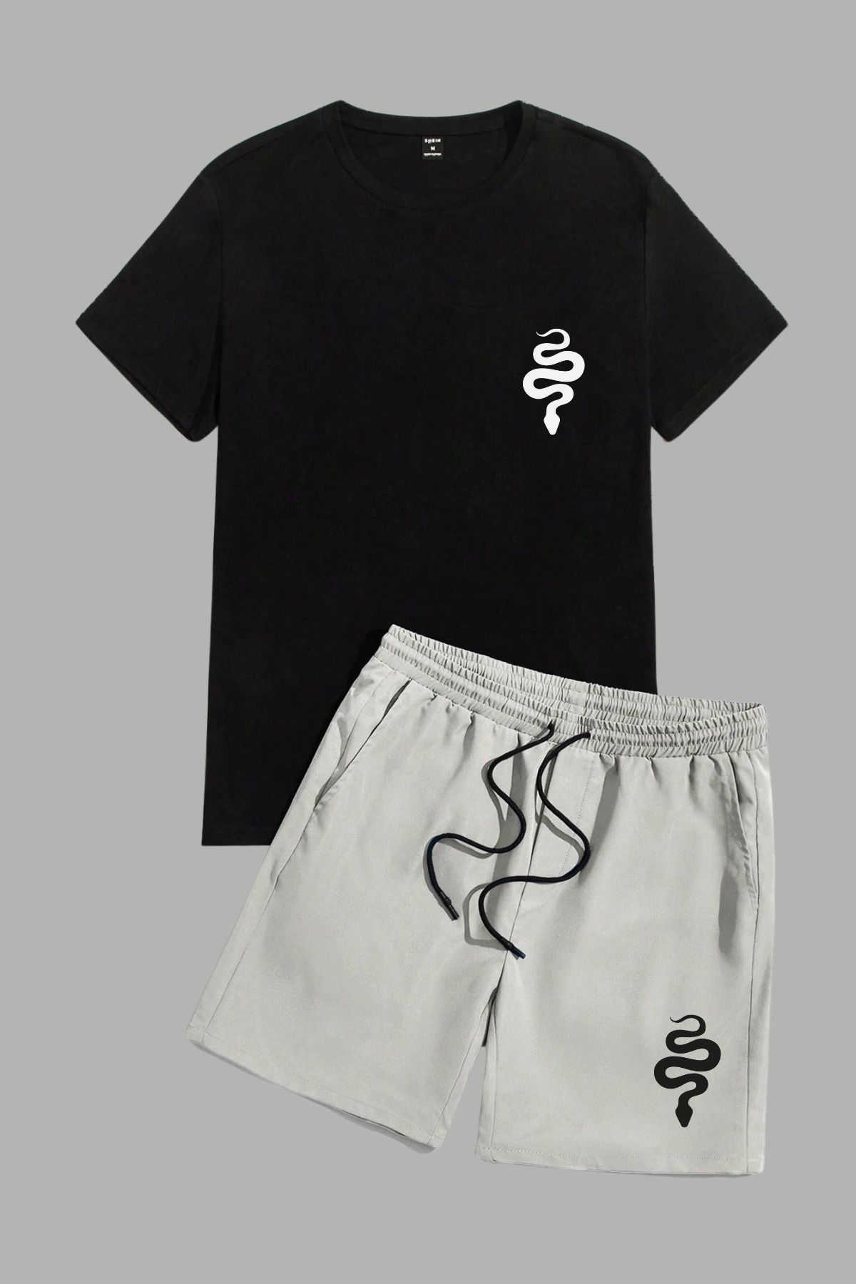 MELADYAN Yılan Baskılı Siyah T-shirt Gri Şort Alt Üst Takım