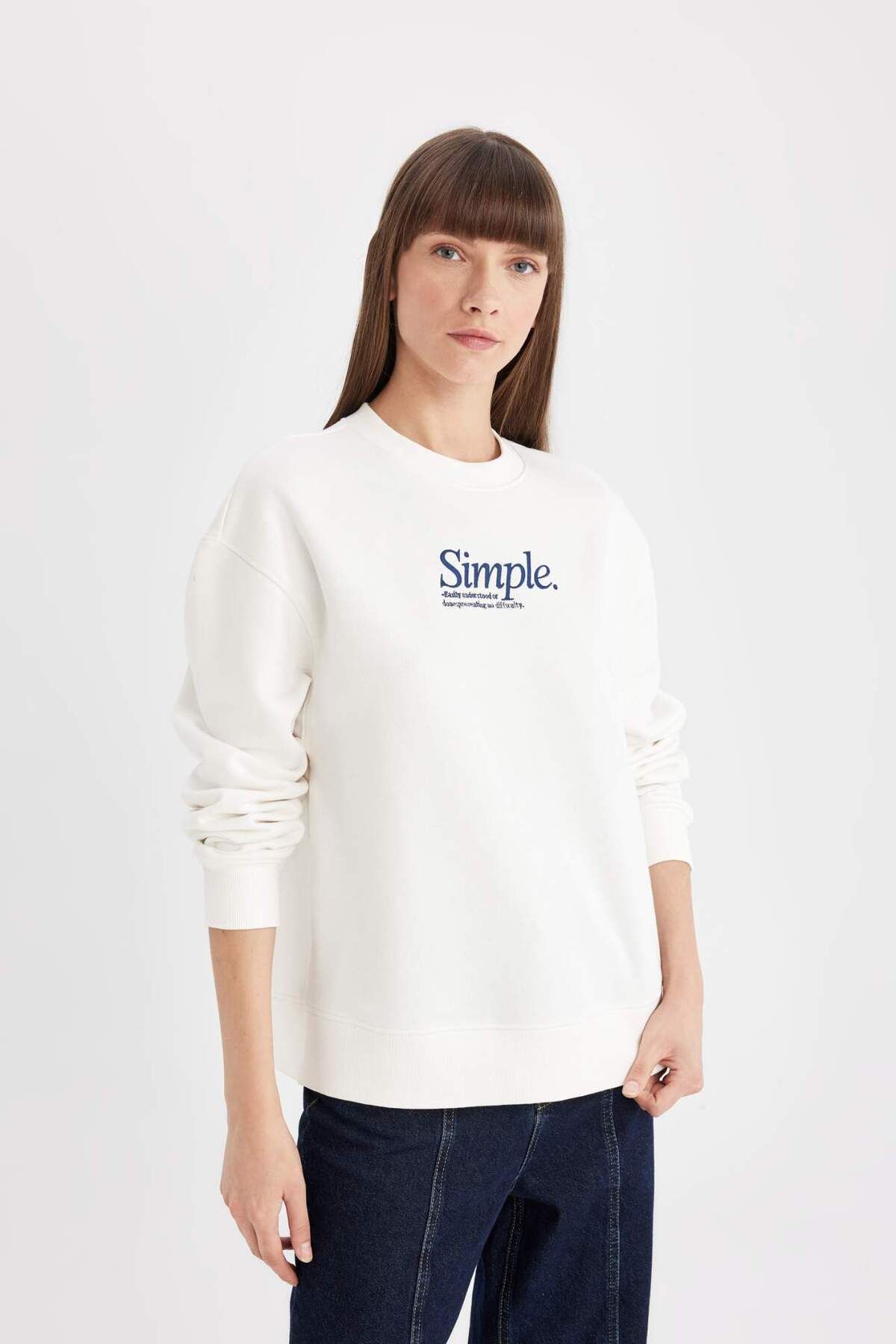 DeFacto Relax Fit Bisiklet Yaka Slogan Baskılı Kalın Sweatshirt D3134AX24WN