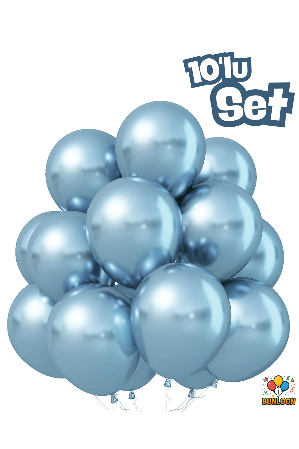 Bunloon Krom Mavi Balon 10'lu | 12 İnç Parlak Balon Seti | İç Mekân Parti & Doğum Günü Süsleri
