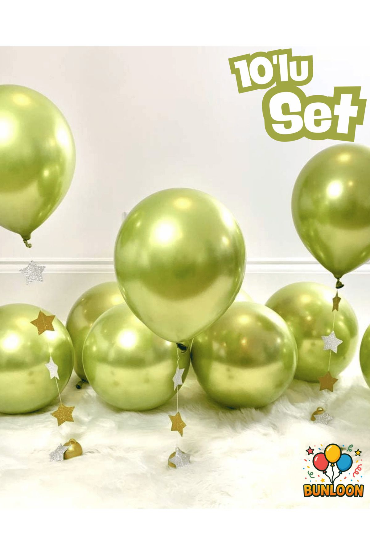 Bunloon Krom Açık Yeşil Balon 10’lu | 12 İnç Krom Balon Seti | Helyum Uyumlu Lateks Balon